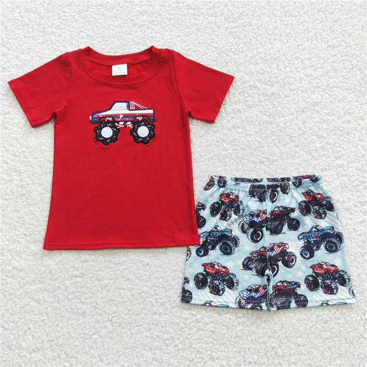 8.8 RTS NO MOQ Baby Boys kids Summer Sets BSSO0185 Tractor Summer embroidery shirt shorts Sets