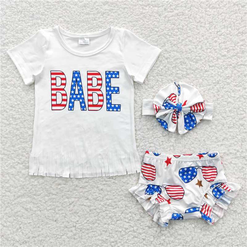 5.24 RTS NO MOQ Baby Girls Summer Outifts GBO0127 4Th Of July Babe Tassels Bummie Sets