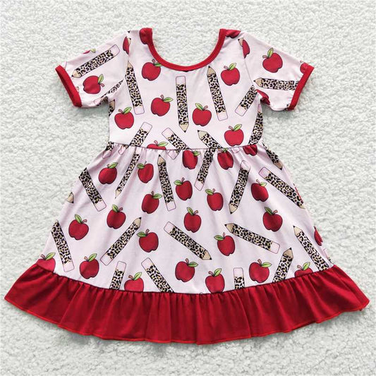 8.4 RTS NO MOQ Summer Baby Girls Dresses GSD0314 Back To School Apple Pencil Knee Length Dresses