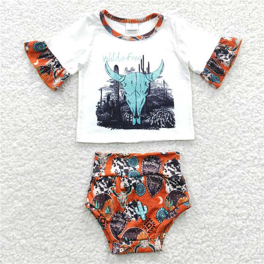 RTS NO MOQ Baby Girls Summer Outifts GBO0129 Wild Free Cow Cactus Western Bummie Sets