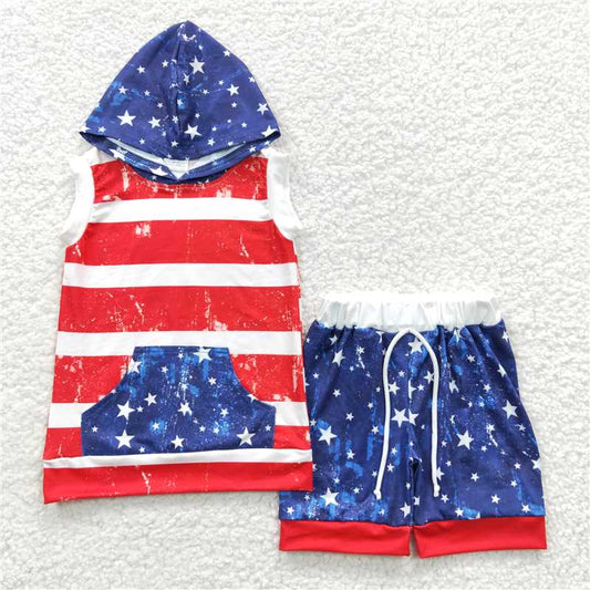 8.8 RTS NO MOQ Baby Boys kids Summer Sets BSSO0244 4th Of July Star Hoodie Blue Shorts Sets
