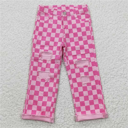 RTS NO MOQ Baby Girls Pants P0096 Pink Check Denim Cool Pants
