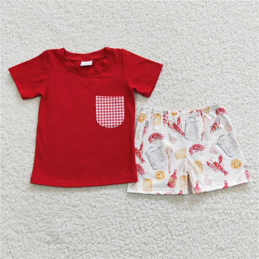 8.8 RTS NO MOQ Baby Boys kids Summer Sets BSSO0250 Red pocket Crawfish Summer Shorts Sets