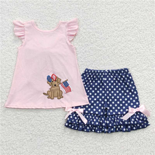 6.6 GSSO0236 Dog flag embroidery backless bow girls 4th of july clothes
