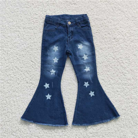 6.3 RTS NO MOQ Baby Girls Pants P0127 Washed Stars Denim Bell Pants