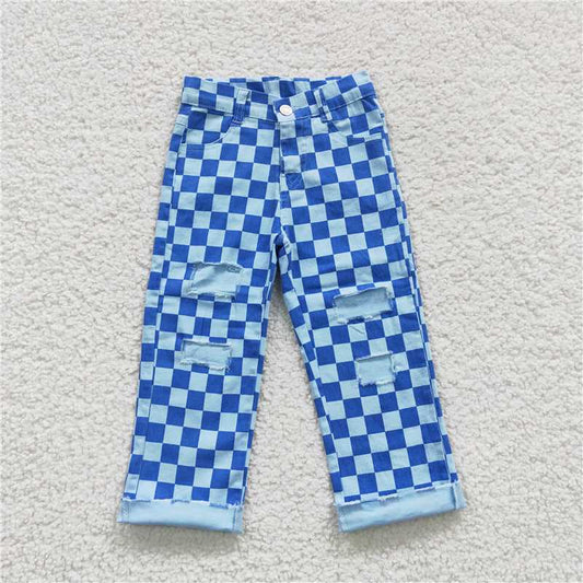 RTS NO MOQ Baby Girls Pants P0097 Blue Checkered Denim Cool Pants