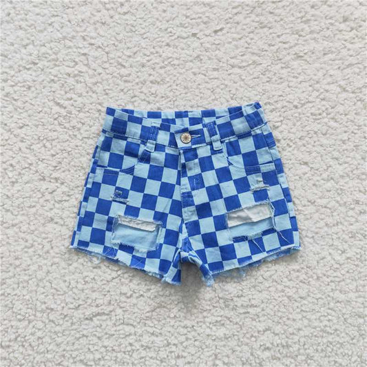 SS0093 Blue plaid ripped denim shorts for baby girls&boys clothes
