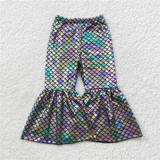 5.23 RTS NO MOQ Baby Girls Long Pants P0251 Colorful Mermaid Scale Holographic Spandex Bell Bottom Pants