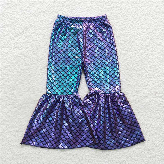 5.23 RTS NO MOQ Baby Girls Long Pants P0248 Blue Tie Dye Mermaid Scale Holographic Spandex Bell Bottom Pants