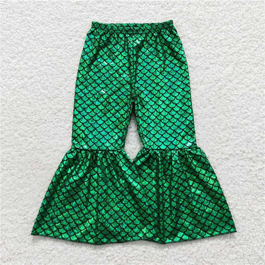 5.23 RTS NO MOQ Baby Girls Long Pants P0250 Green Mermaid Scale Holographic Spandex Bell Bottom Pants