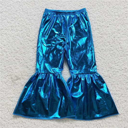 5.23 RTS NO MOQ Baby Girls Long Pants P0252 Blue Holographic Spandex Bell Bottom Pants