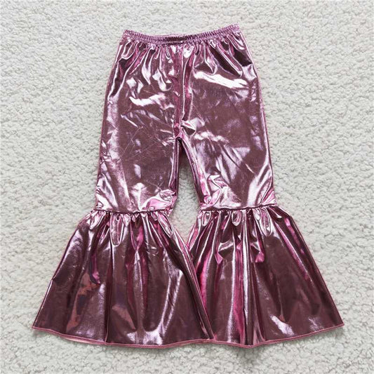 5.23 RTS NO MOQ Baby Girls Long Pants P0253 Pink Holographic Spandex Bell Bottom Pants
