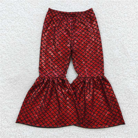 5.23 RTS NO MOQ Baby Girls Long Pants P0247 Red Mermaid Scale Holographic Spandex Bell Bottom Pants