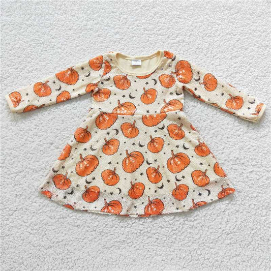 7.5 RTS NO MOQ Baby Girls Long Sleeve GLD0271 Halloween Pumpkin Sequin Knee Length Dresses
