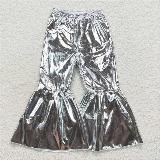 5.23 RTS NO MOQ Baby Girls Long Pants P0254 Grey Holographic Spandex Bell Bottom Pants