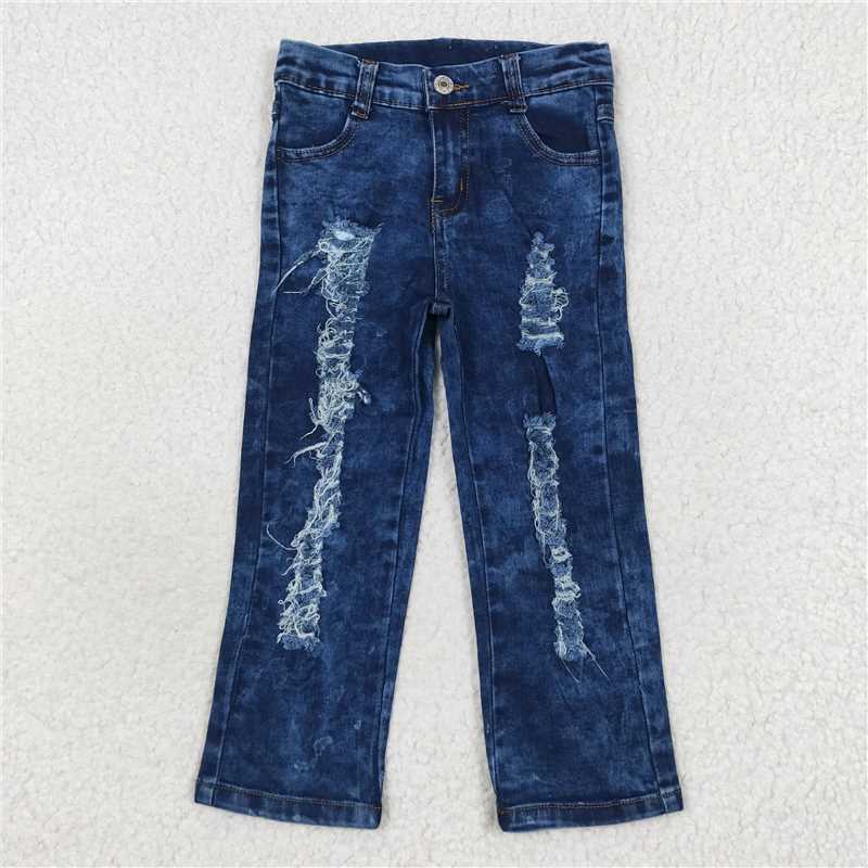 RTS NO MOQ Baby Girls Pants P0197 Distressed Navy Blue Denim Pants