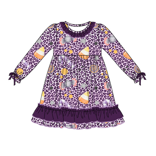 MOQ:5 Purple Girls Long Sleeve Wholesale Boutique Kid Clothing Kid Dresses