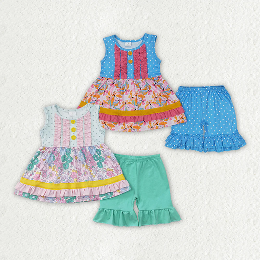 RTS NO MOQ Summer Sibling Baby Girls Floral Ruffle Tunic Shorts Clothes Sets