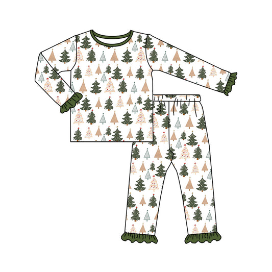 MOQ:5 Christmas Tree Ruffle Long Sleeve Wholesale Boutique Kid Clothing Set