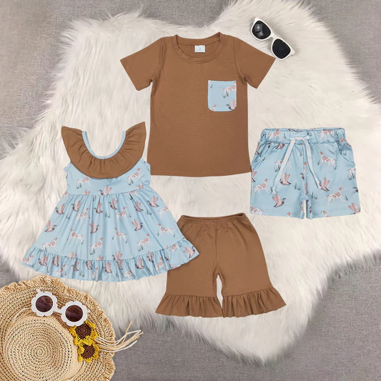RTS NO MOQ Summer Sibling Baby Girls Boys Dogs Ducks Hunting Top Shorts Sets