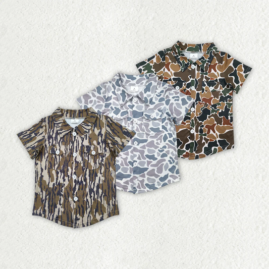 RTS NO MOQ Summer Sibling Baby Boys Western Camo Short Sleeves Button Pockets Shirts Tops