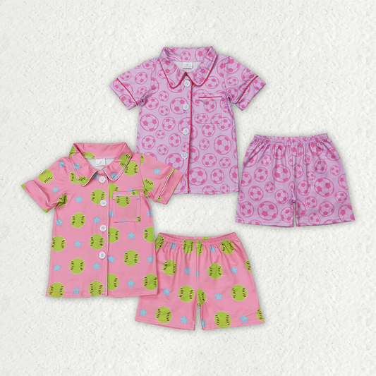 7.7 RTS NO MOQ Summer Sibling Baby Girls Pink Sports Buttons Top Shorts Pajamas Outfits