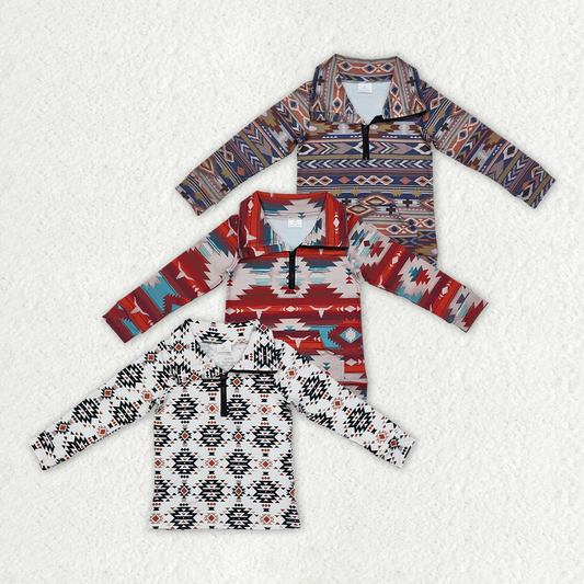 RTS NO MOQ Sibling Baby Boys Long Sleeve Western Aztec Zip Quater Pullovers Tops