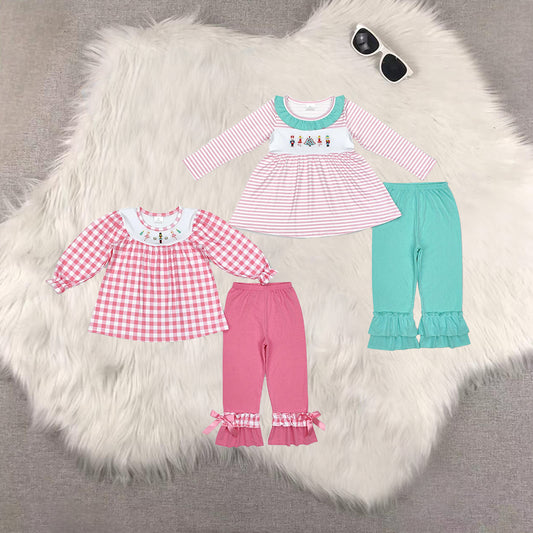 7.7 RTS NO MOQ Sibling Baby Girls Christmas Trees Soldier Tunic Ruffle Pant Outfits Clothes Sets
