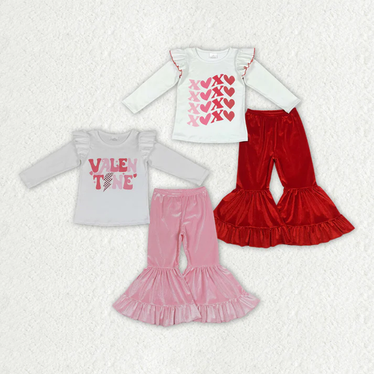 RTS NO MOQ Sibling Baby Girls Long Sleeve Sets Valentines Shirt Top Velvet Bell Pants Outfits Suits