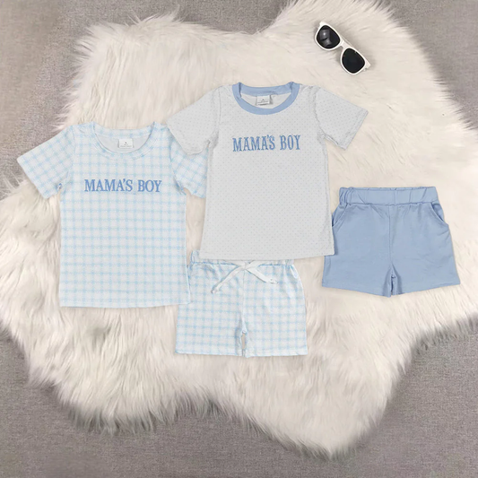 RTS NO MOQ Summer Sibling Baby Boys Mama's Boy Checkered Polka Dots Tops Shorts Clothes Sets