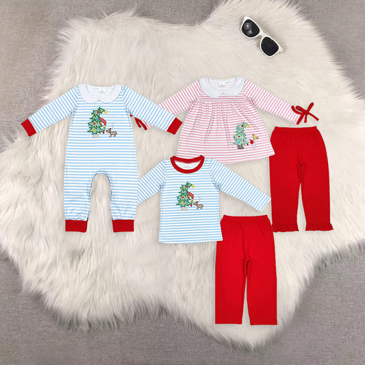 7.7 RTS NO MOQ Sibling Girls Boys Christmas Tree Dog Top Pants Clothes Sets