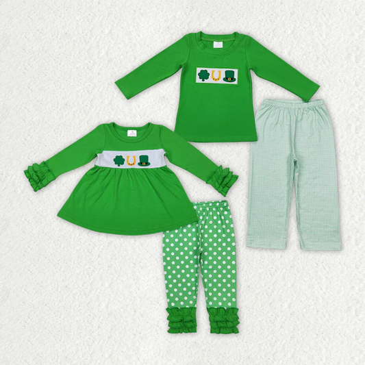 RTS NO MOQ Sibling Boys Baby Girls Long Sleeve Sets St Patrick Day Quatrefoil Outfits Clothes Sets