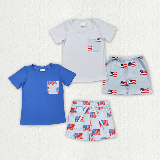 7.7 RTS NO MOQ Summer 2 Colors Sibling Baby Boys 4th of July Flags Pocket Shirts Shorts Outfits
