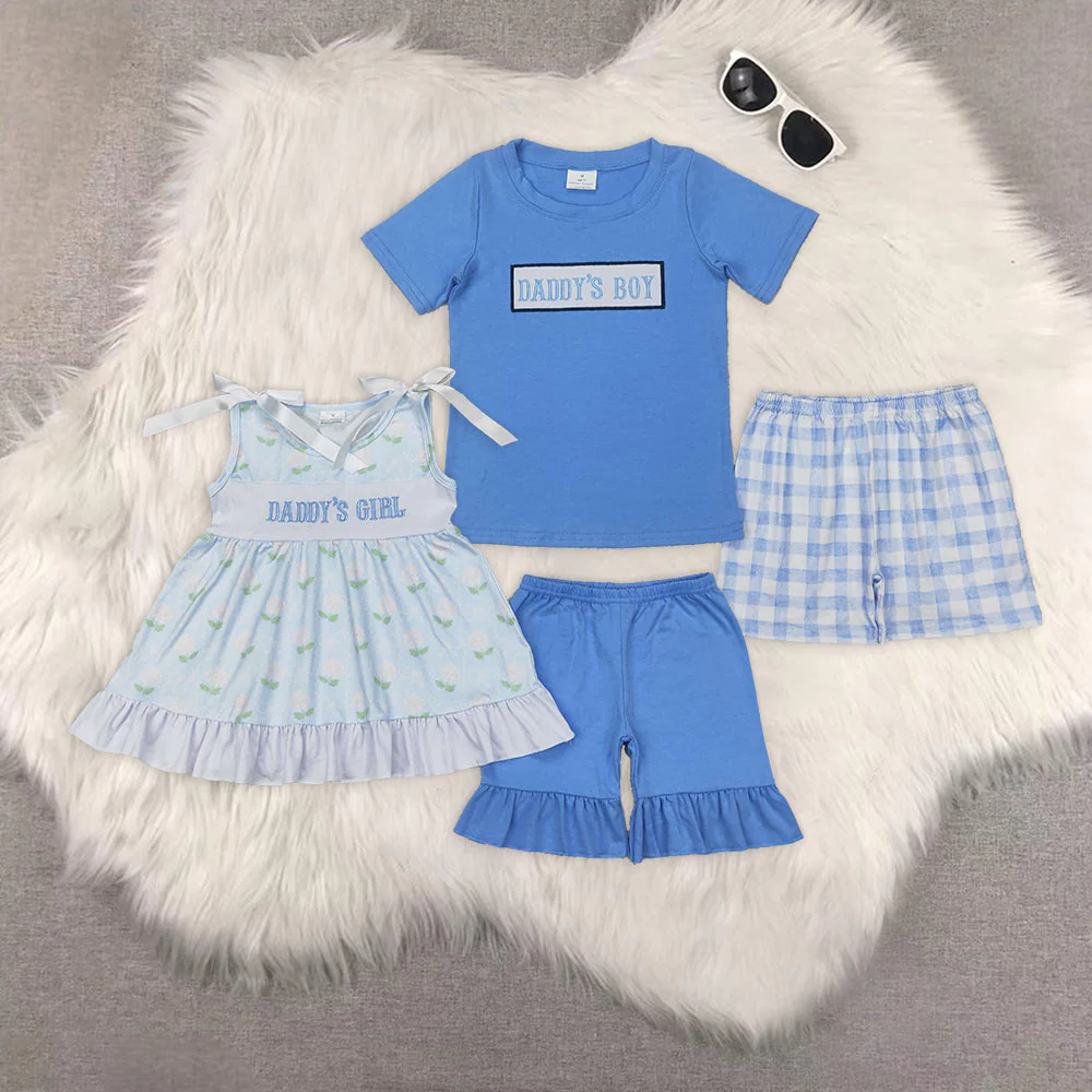 RTS NO MOQ Summer Sibling Baby Girls Boys Blue Embroidery DADDY'S BOY GIRL Top Plaid Shorts Sets