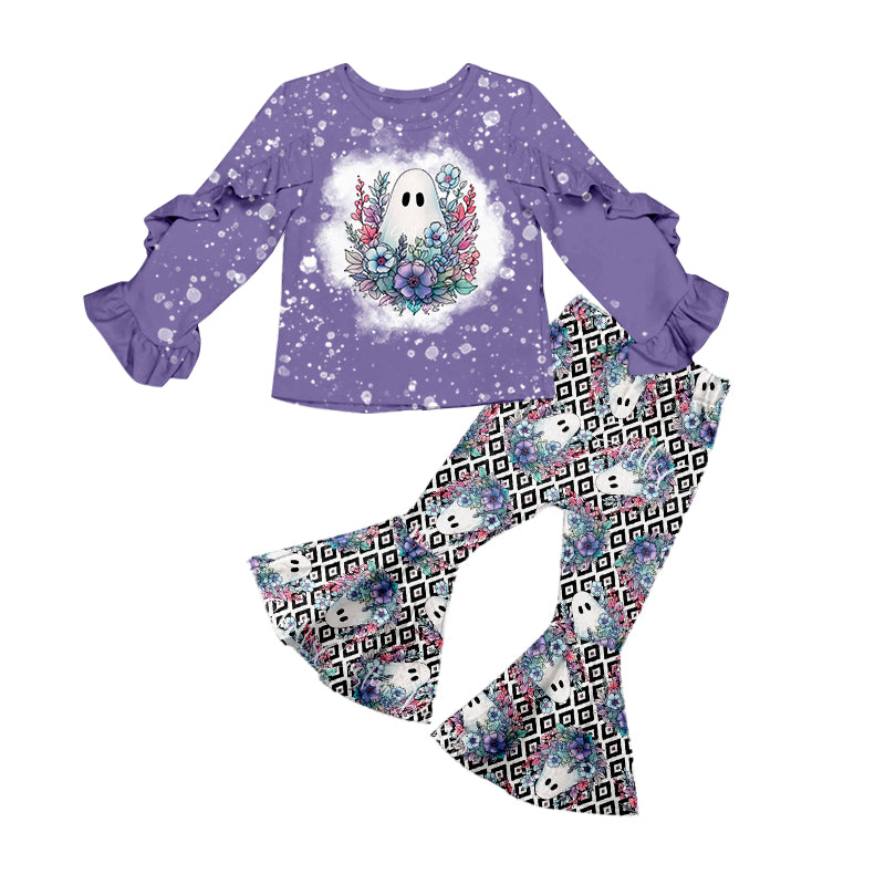 MOQ:5 Ghost Purple Halloween Kid Long Sleeve Wholesale Boutique Kid Clothing Outfits