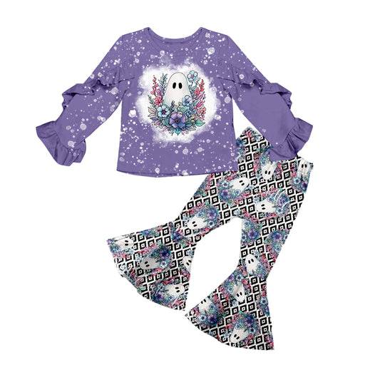 MOQ:5 Ghost Purple Halloween Kid Long Sleeve Wholesale Boutique Kid Clothing Outfits