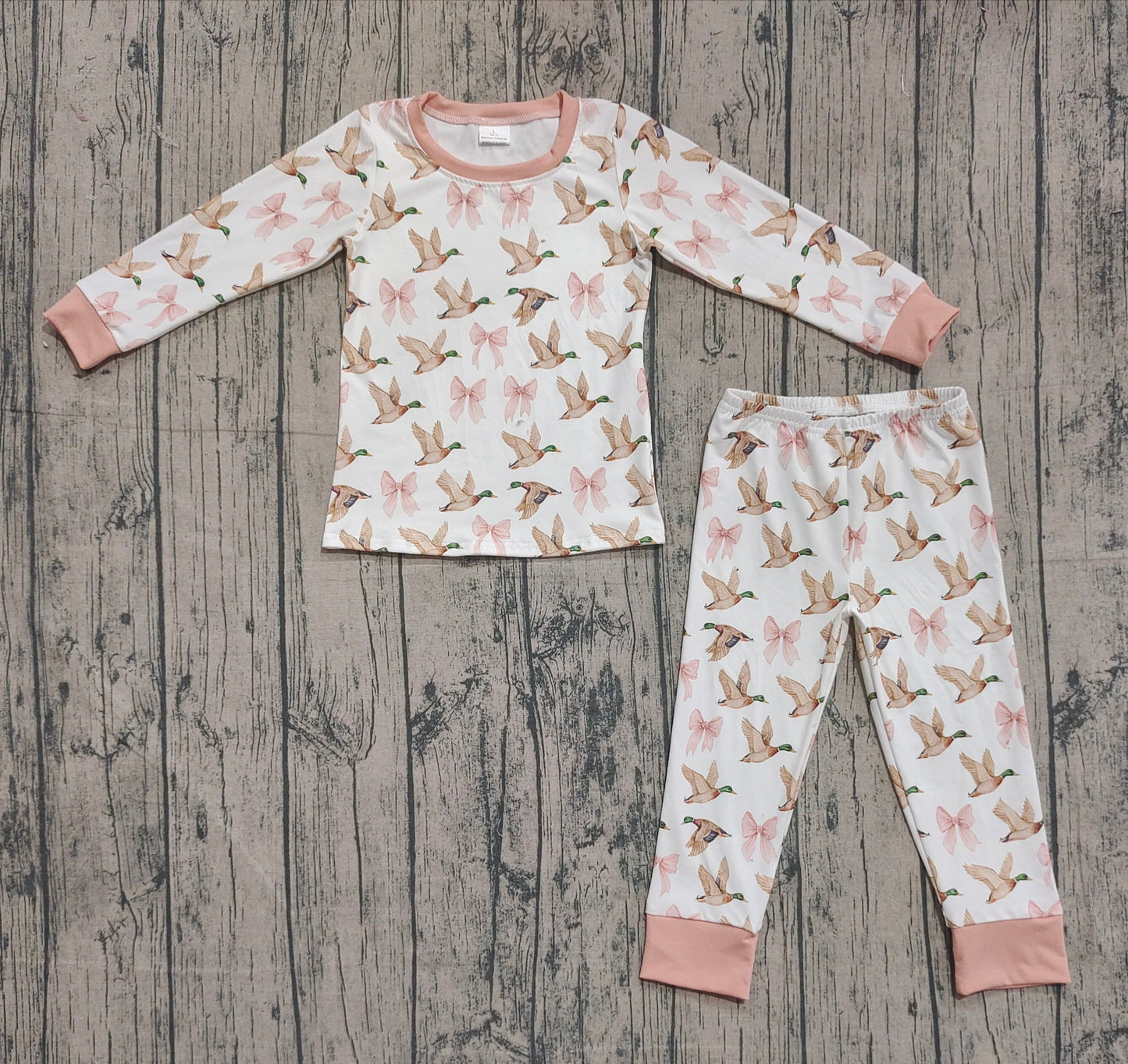 RTS Baby Girl Long Sleeves Ducks Pink Bows Shirt Pants Pajamas Set