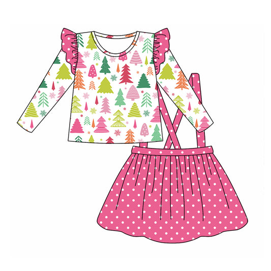 MOQ:5 Pink Christmas Tree Girl Long Sleeve Wholesale Boutique Kid Clothing Kid Dresses