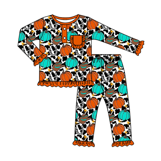 MOQ:5 Pumpkin Ruffle Kid Long Sleeve Wholesale Boutique Kid Clothing Outfits