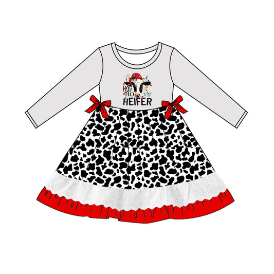 MOQ:5  Cow Cute Girls Long Sleeve Wholesale Boutique Kid Clothing Kid Dresses