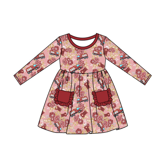 MOQ:5 Red Girl Long Sleeve Wholesale Boutique Kid Clothing Kid Dresses