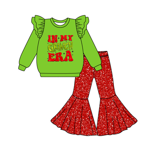 MOQ:5 Green Christmas Girls long Sleeve Wholesale Boutique Kid Clothing Set