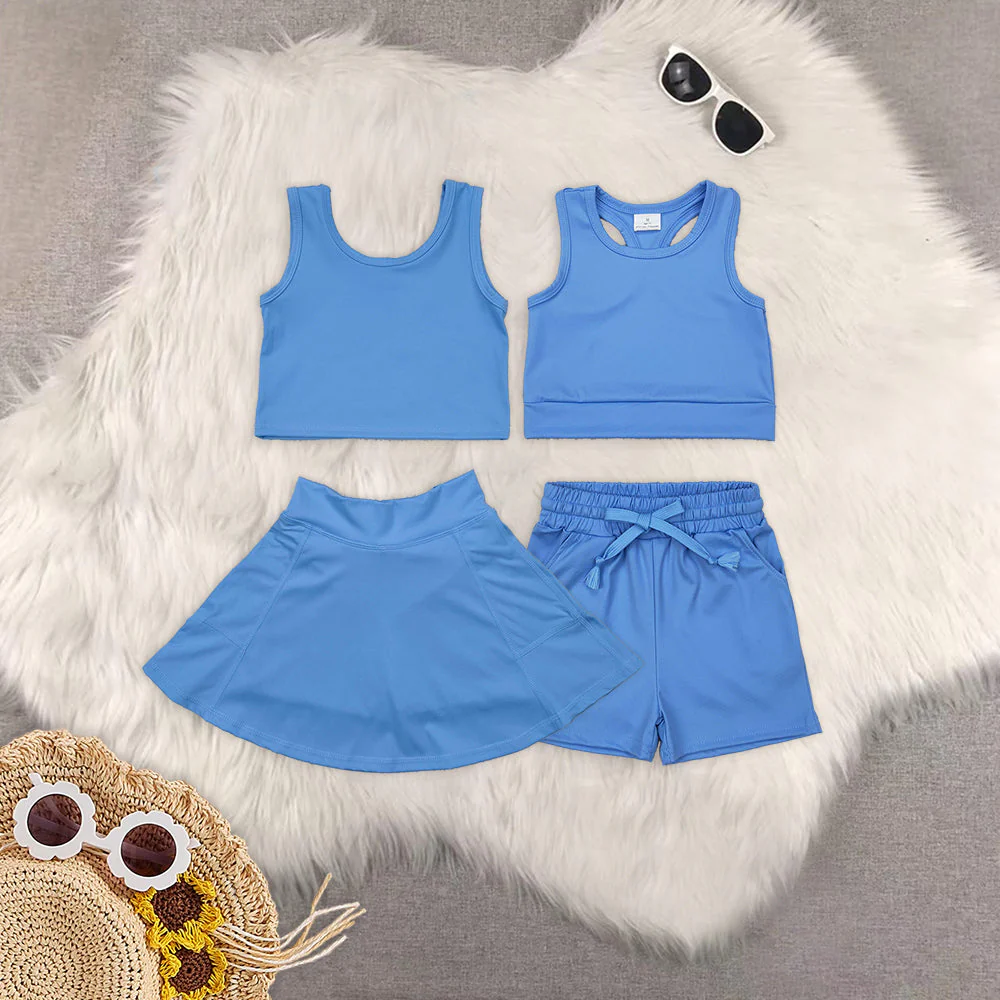 RTS NO MOQ Summer Sibling Baby Girls Blue Yoga Active Wear Top Shorts Clothes Sets
