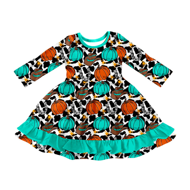 MOQ:5 Pumpkin Girls Long Sleeve Wholesale Boutique Kid Clothing Kid Dresses