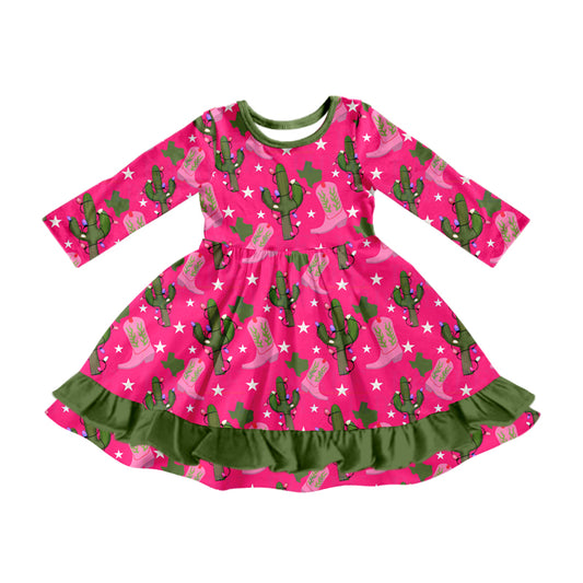 MOQ:5 Rose Red Cute Girls Long Sleeve Wholesale Boutique Kid Clothing Kid Dresses