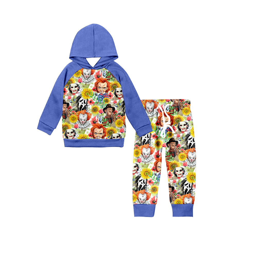 MOQ:5  Blue Cartoon Cute Children Long Sleeve Wholesale Boutique Kid Clothes Sets