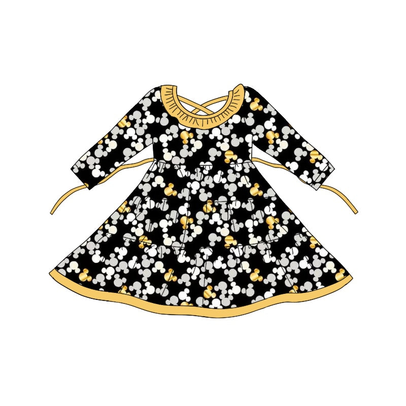 MOQ:5 Black Cute Girls Long Sleeve Wholesale Boutique Kid Clothing Kid Dresses