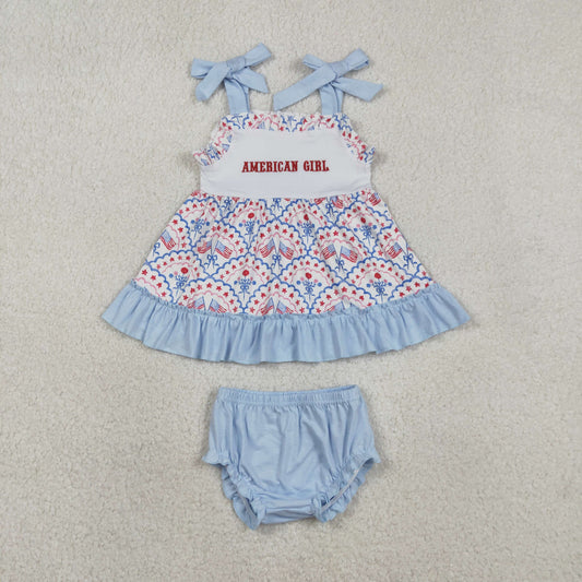 RTS Baby Kids Straps Embroidery American Girl Flags Bows Bummie 4th of July Romper