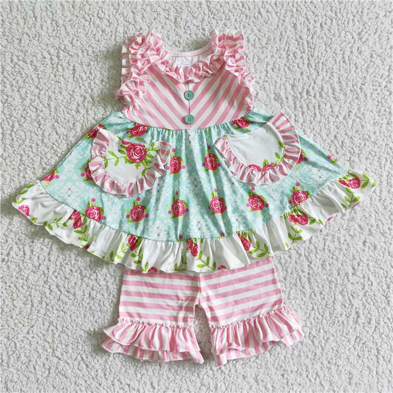 C2-2 Girls Pink Stripe Sleeveless Pocket Set