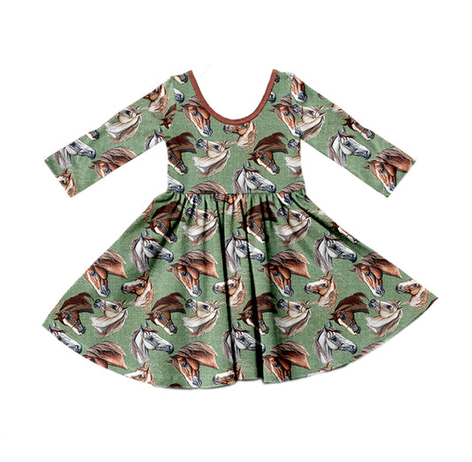 MOQ:5 Horse Girls Long Sleeve Wholesale Boutique Kid Clothing Kid Dresses